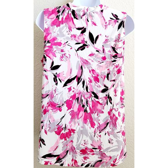 Kasper Pink White Black Floral Print Keyhole Neck Top Small Lightweight Soft - Picture 4 of 6